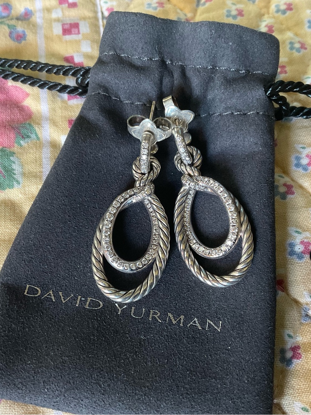 David Yurman Silver Cable Double-Loop Drop Earrings with Pavé Accents